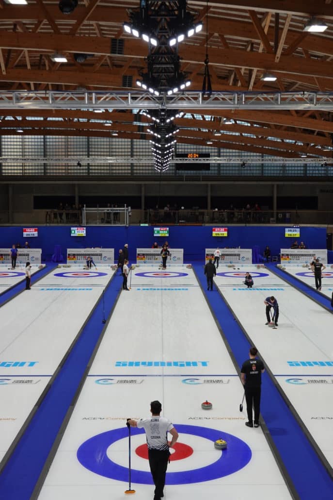 Professional ice lighting for international curling competitions broadcast on television.